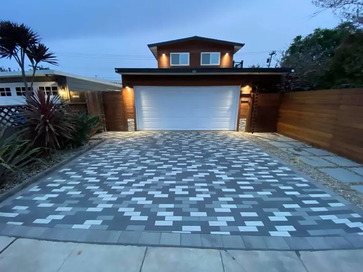 Driveway Paving Blue And Grey Checkered Paver Drive At Dusk