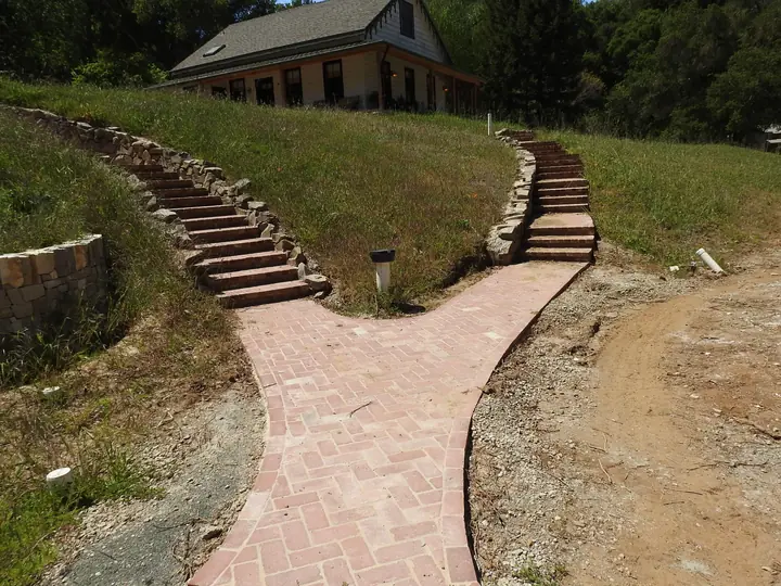 Outdoor Steps Masonry Brick Steps And Walkway On A Hillside